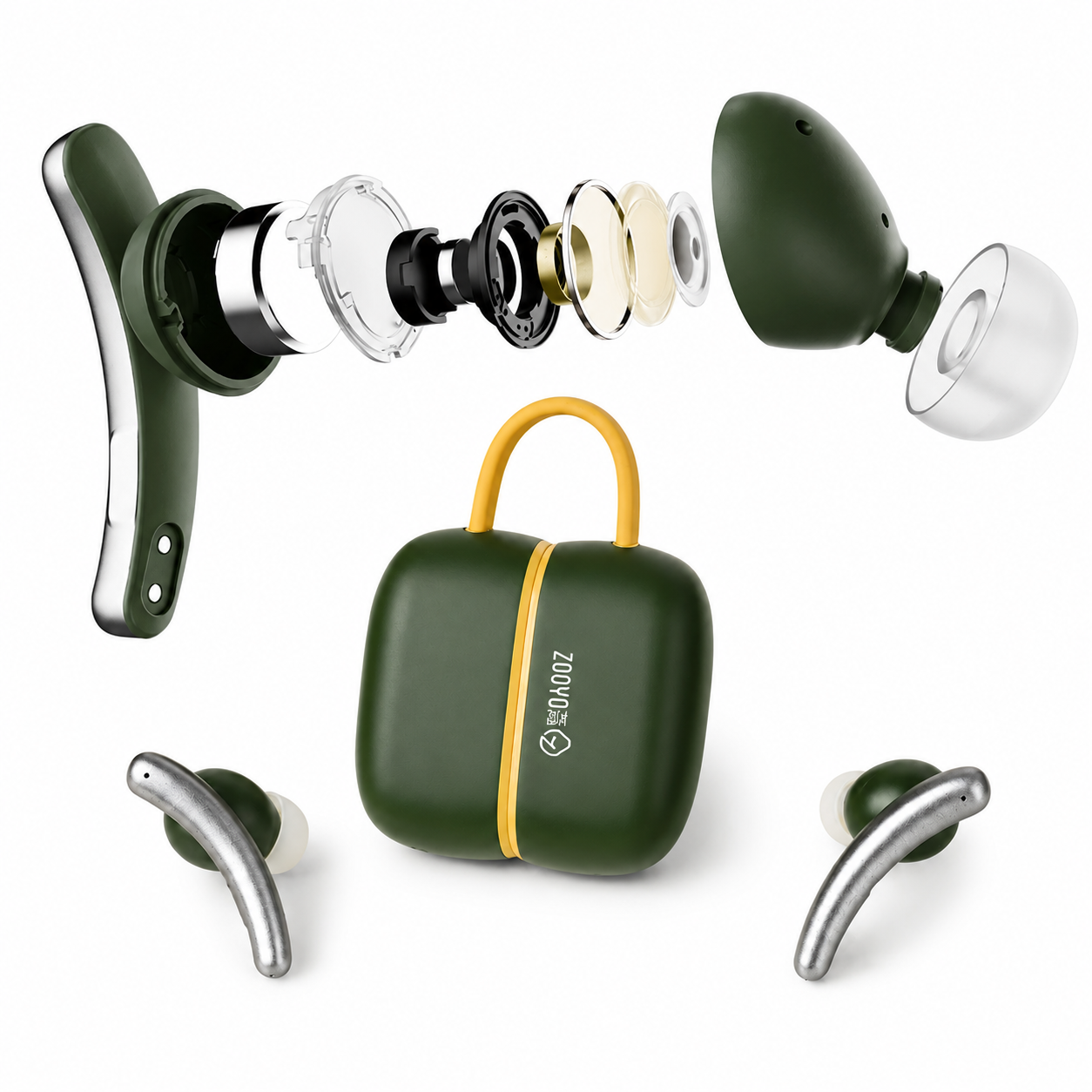 ZOOYO Premium Wireless Earbuds – Silver & Dark Green Edition