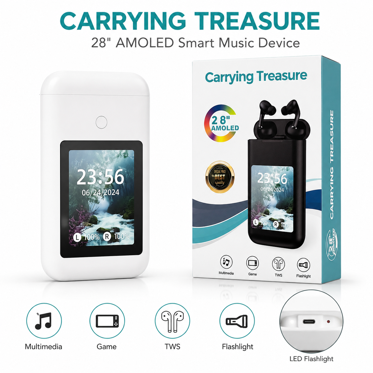 2.8" AMOLED Smart Display TWS Bluetooth Wireless Earbuds with Touch Screen Charging Case.