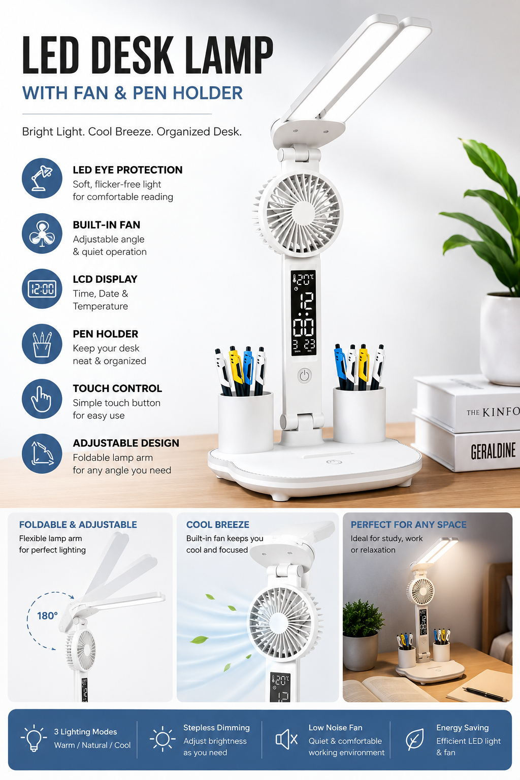🌟 Multifunctional LED Desk Lamp with Fan & Digital Display