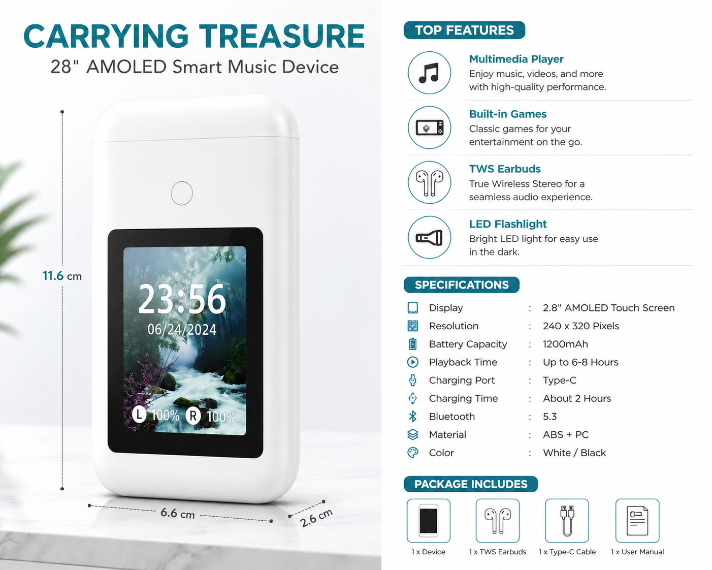 2.8" AMOLED Smart Display TWS Bluetooth Wireless Earbuds with Touch Screen Charging Case.