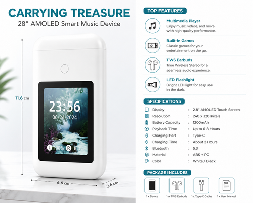2.8" AMOLED Smart Display TWS Bluetooth Wireless Earbuds with Touch Screen Charging Case.